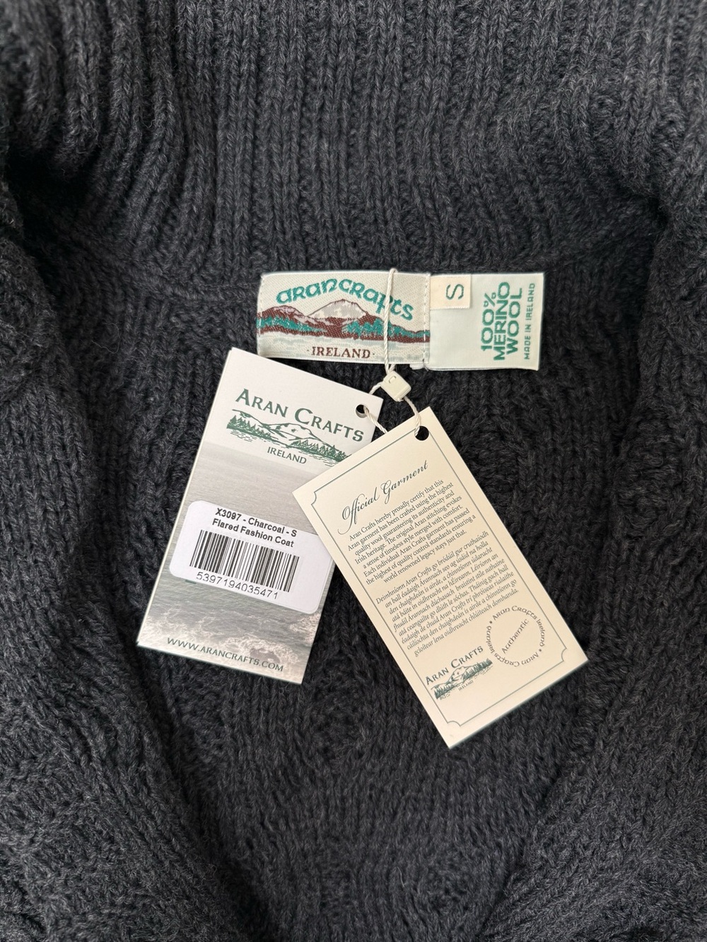 Aran Crafts Ireland 100% Meriono Wool Charcoal Flared cable knit coat - Size: S - Picture 9 of 11